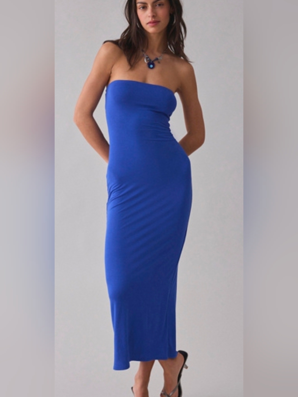 UO Strapless Jersey Knit Blue Maxi Dress